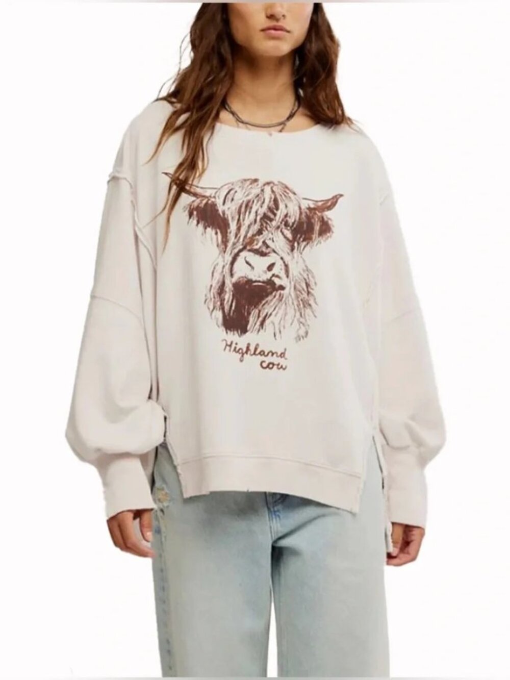 FREE PEOPLE We The Free Camden Graphic Sweatshirt Highland CowSz S NWOT